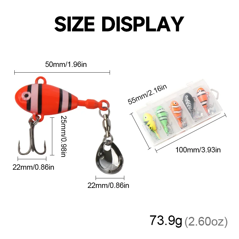 5 قطعة/صندوق طعم صيد السمك المعدني Vib مع ملعقة ترتر لصيد سمك السلمون المرقط يطير البناء المعدني المتين مناسب لأسماك المياه العذبة