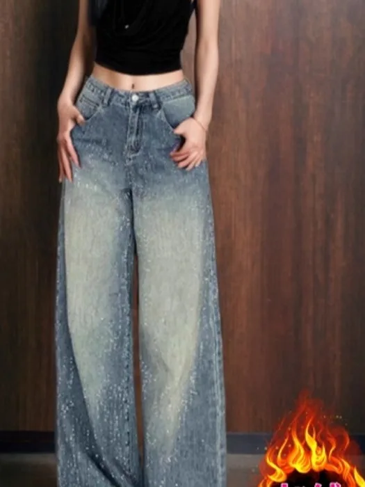 

Korean Sle High Waist iny Rhinestone Decorated Loose Fit Long Jeans for Women Autumn Season Casual Comfortable Breathable