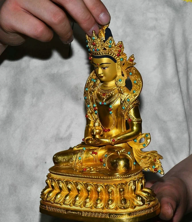 10'' Old Nepal Bronze Gilt Painting Amitayus longevity God Goddess Buddha Statue