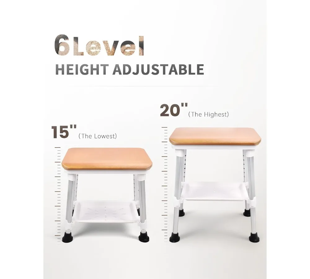 كرسي استحمام قابل للتعديل مع مقعد خشبي، سعة 400 رطل شديدة التحمل، مقعد حمام لكبار السن والمعاقين