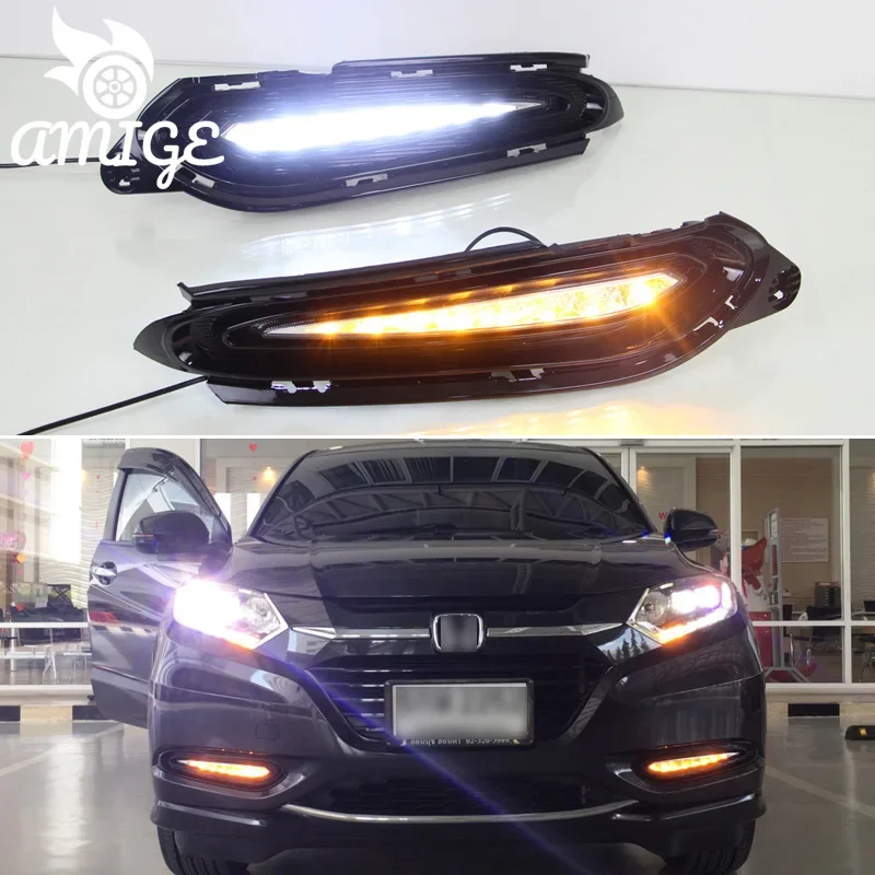 

12V LED Daylights For Honda HRV 2015 2016 2017 2018 Yellow Turning Signal DRL Car LED Daytime Running Light Auto Foglamps