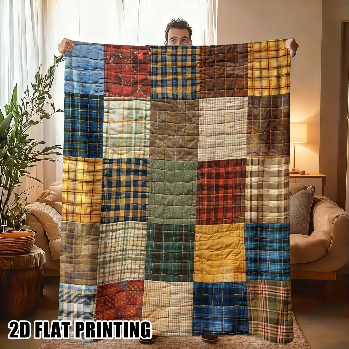 [Stampa 2D] 1 coperta in flanella con motivo a quadri e blocchi di colore in stile retrò, morbida, leggera e calda, adatta a tutte le stagioni - Perfetta per divani, uffici, campeggio e viaggi - La