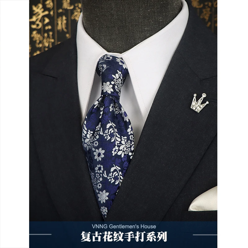 

High Quality Retro Style Blue Flower Pattern Tie For Men's Business Banquet Shirt Accessories 7.5CM Wide Handmade Knotted Tie