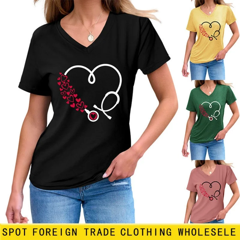 

Женская летняя футболка с короткими рукавами и буквенным принтом в корейском стиле, с V-образным вырезом, модный и универсальный топ.