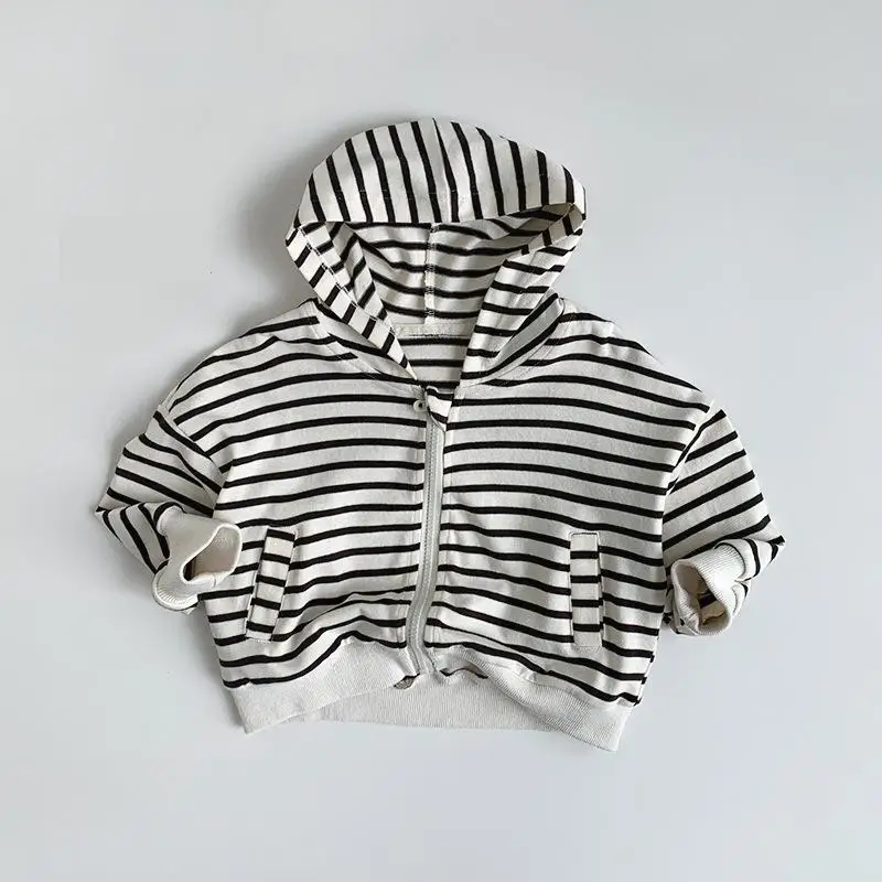 

2025 Spring New Children Long Sleeve Hooded Jacket Cotton Boys Girls Striped Sweatshirt Coat Baby Casual Hoodies Kids Clothes