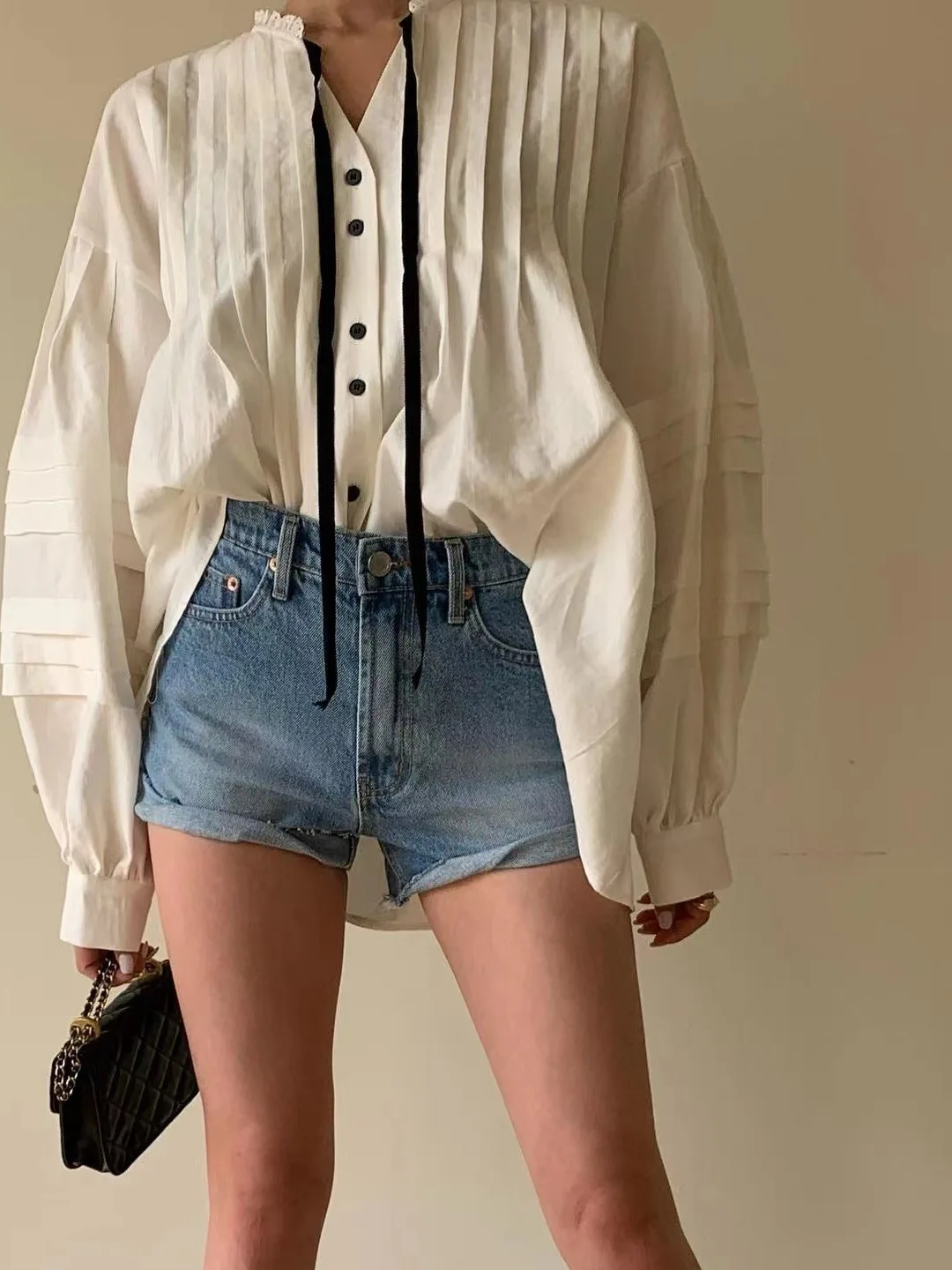 Blusa de Verano E y Casual con Cuello en V, Diseño Pado, Manga Abullonada, Estilo Hoado y Versátil, Color Sólido