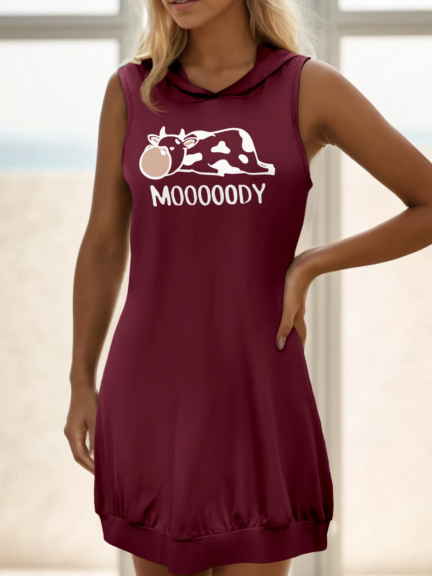 

Womens Sleeveless Hoodie Dress Moody Cow Print Casual Loose Mini Tank Dress Funny Animal Outfit
