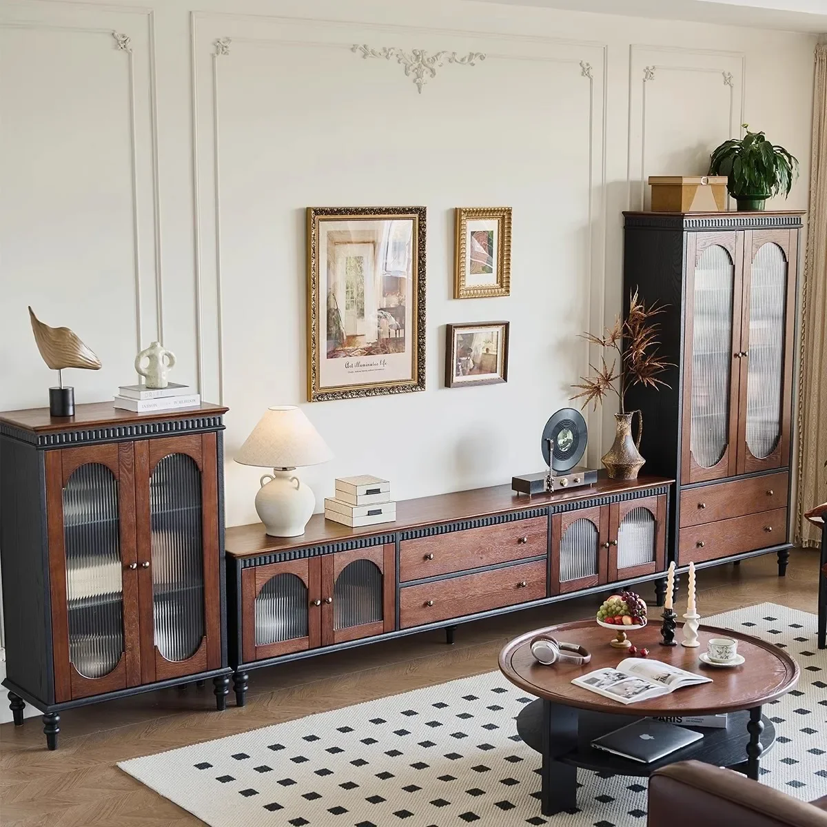 HYS solid wood bookcase household double door glass storage display cabinet living room simple wall