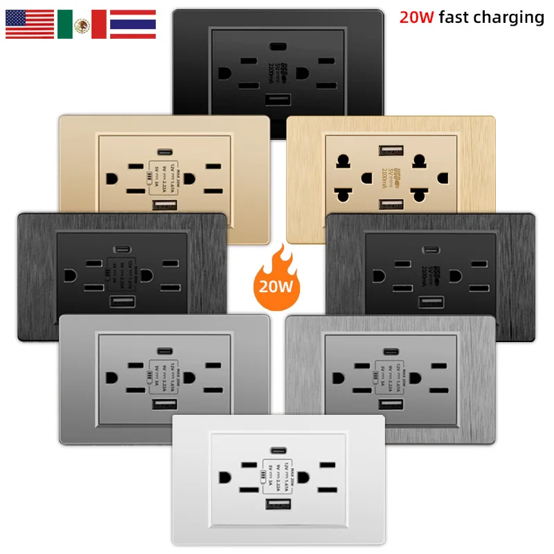 

Американский тайский стандарт USB Type-C, 20 Вт, розетка для быстрой зарядки, белый, черный, серый, золотой, Мексика, с умной двойной USB-розеткой