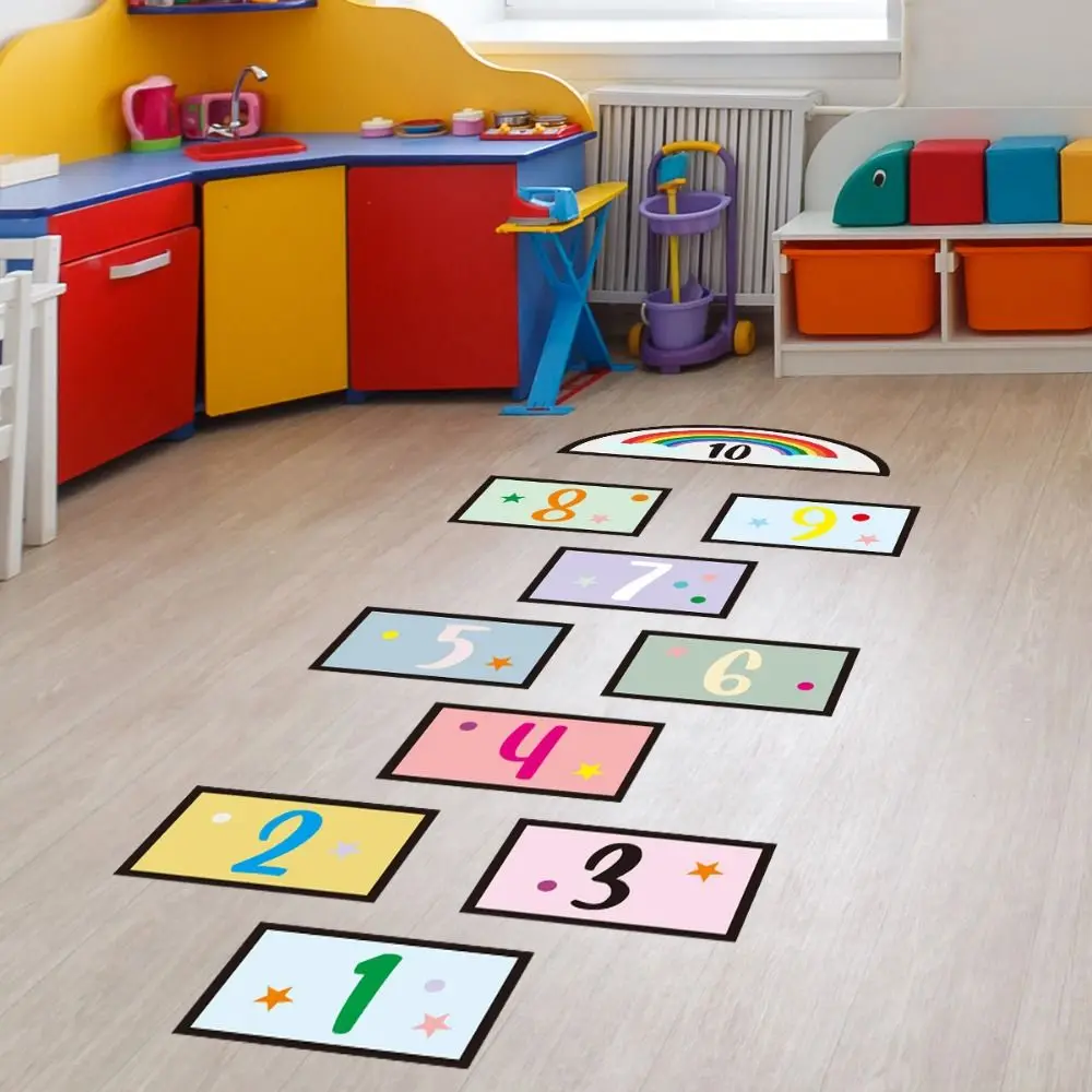 Multicolor Hopscotch Game Floor Stickers Self-adhesive PVC Flooring decals Waterproof Parent-child Cartoon Number Grids Nursery