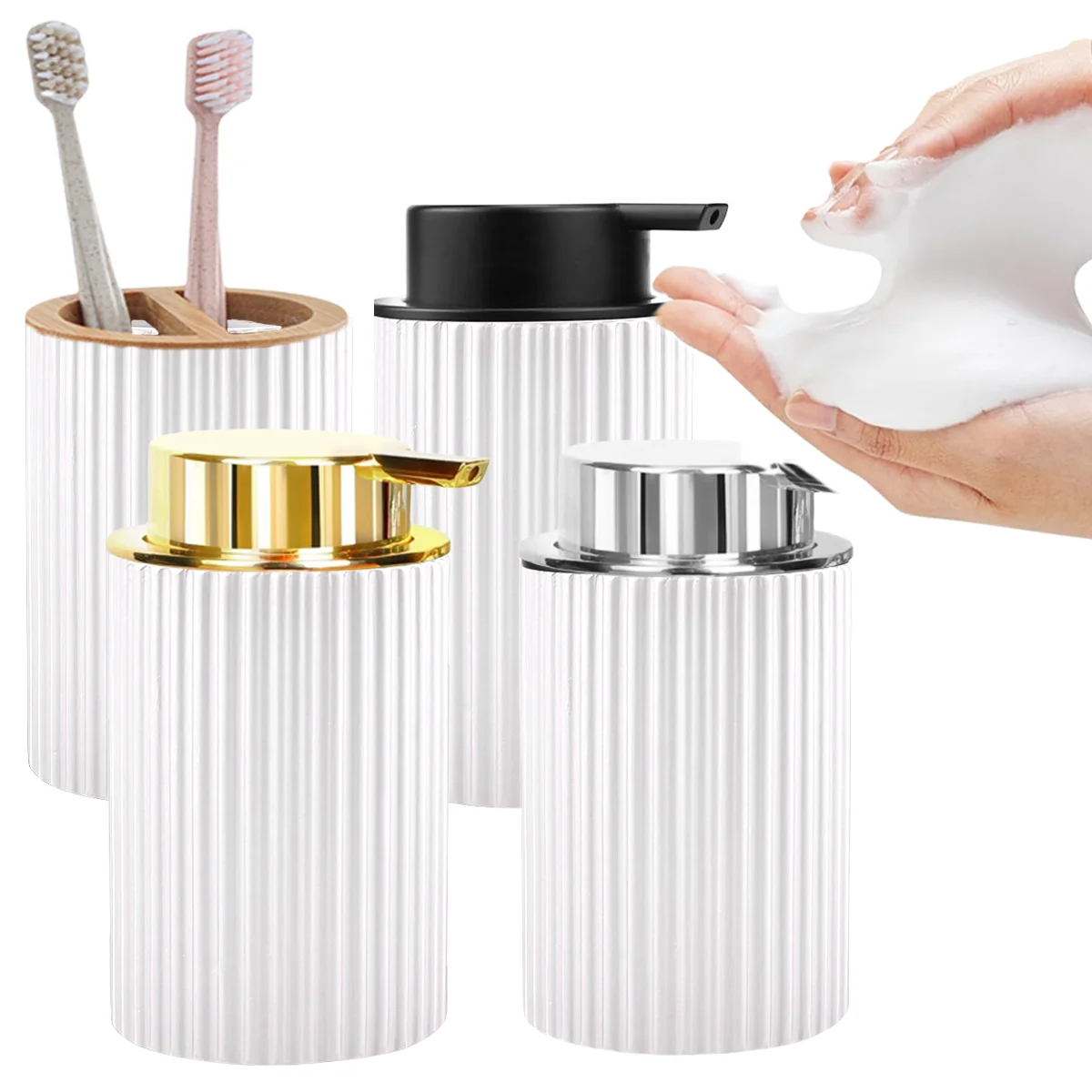 Hand Foaming Soap Bottle Toothbrush Holder Set Plastic Refillable Pump Bottle Bathroom Countetrop Decoration Foam Dispenser