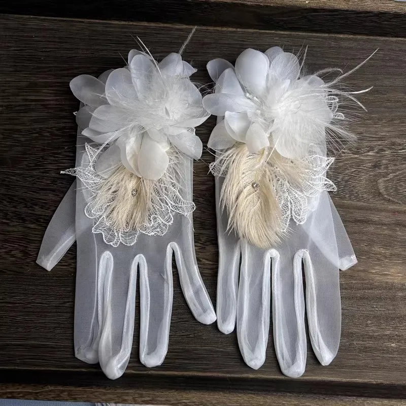 

Women's Elegant Natural Feather Flower Mesh Glove Female Spring Summer Vintage Sunscreen Driving Photograph Party Glove R505