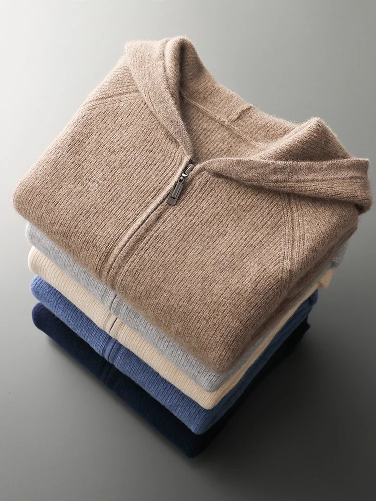 

Premium Men's 100% Pure Wool Hoodie Cashmere Cardigan Autumn And Winter Smart Casual Soft Comfortable Zipper Hooded Sweater Top