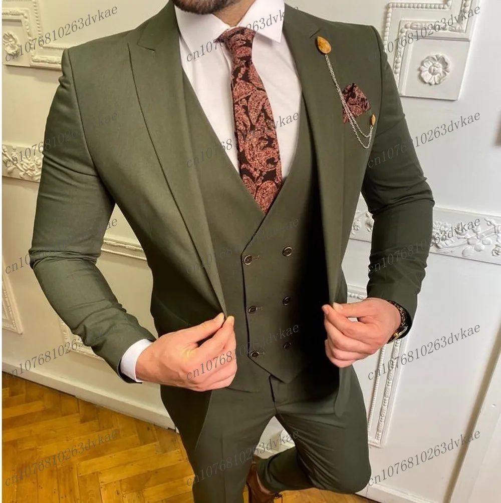 

New Formal Occasion Army Green Business Men Suit Groom Groomsman Wedding Party Prom Male Tuxedos 3 Piece Set Blazer Vest Pants