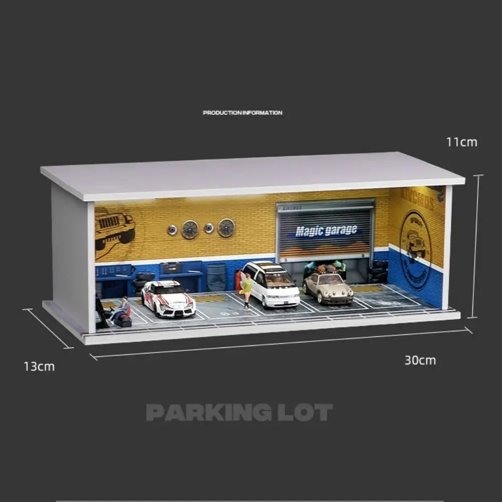Garagenszenenmodell im Maßstab 1:64, mit Lichtern, Miniatur-Parkplatzmodell, Ausstellungsraum, Ausstellungssaal, Automodell, Ausstellungsbox