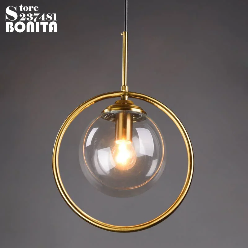 glass round ball copper ring hanging lamps vintage Brass circle globe led pendant lights Clear Grey Amber glass droplight