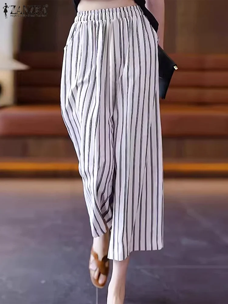 

ZANZEA Women Striped Printed Trouser Fashion Summer Long Pants Causal Loose Wide Leg Pantalones Vintage Elastic Waisted Pants