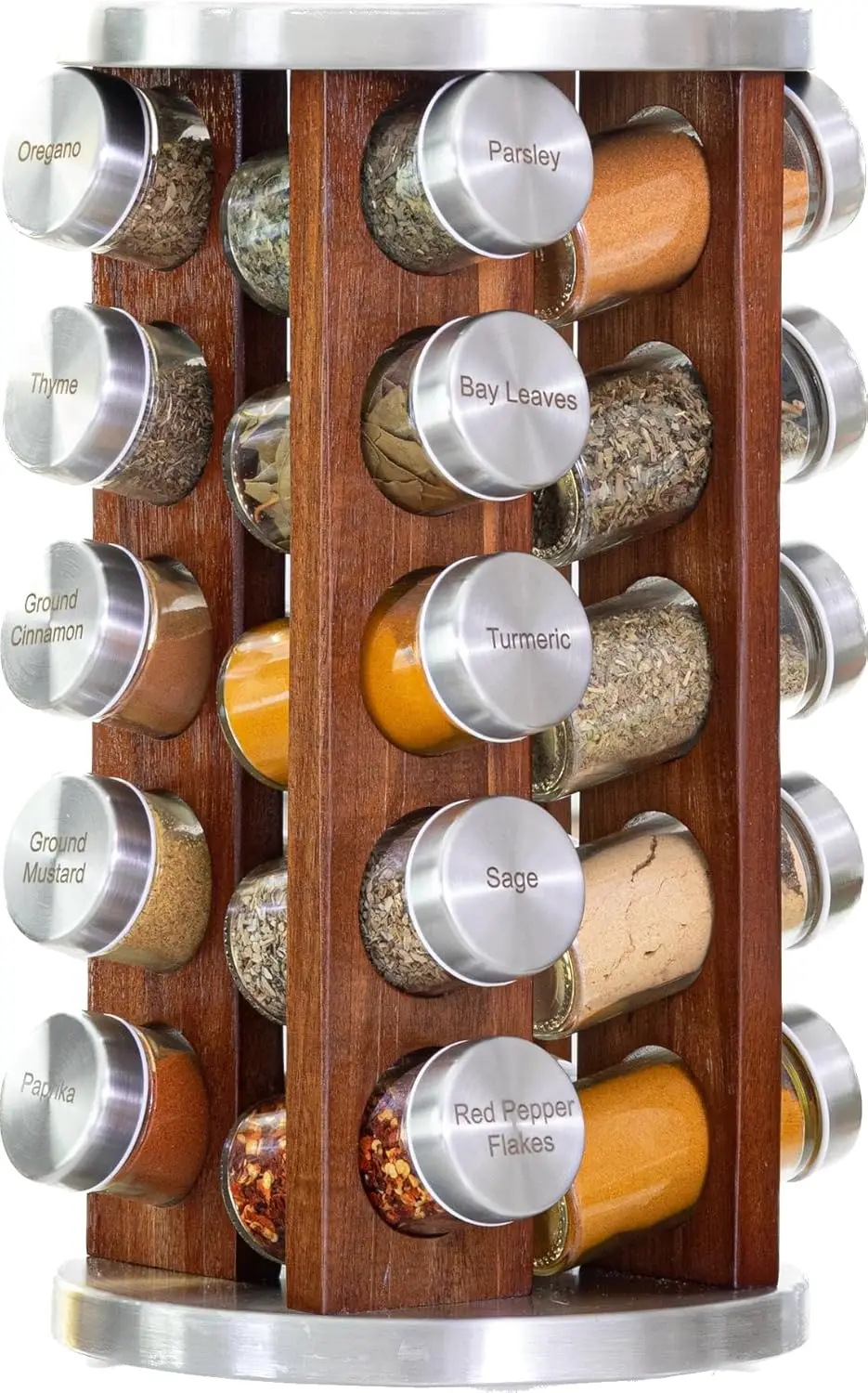 

20 Jar Dark Acacia Wood Spice Rack with Spices Included - Rotating Tower Organizer for Kitchen Spices and Seasonings