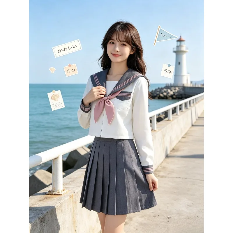 日本の女子高生セーラー服セット、甘いプリーツスカート、デイリースクールスタイル女性大学制服ロールプレイ用かわいい夏服