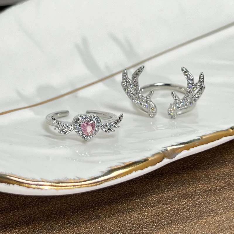 Moda zircão antler asas de anjo anel aberto para mulheres homens ajustável casal anéis jóias presente