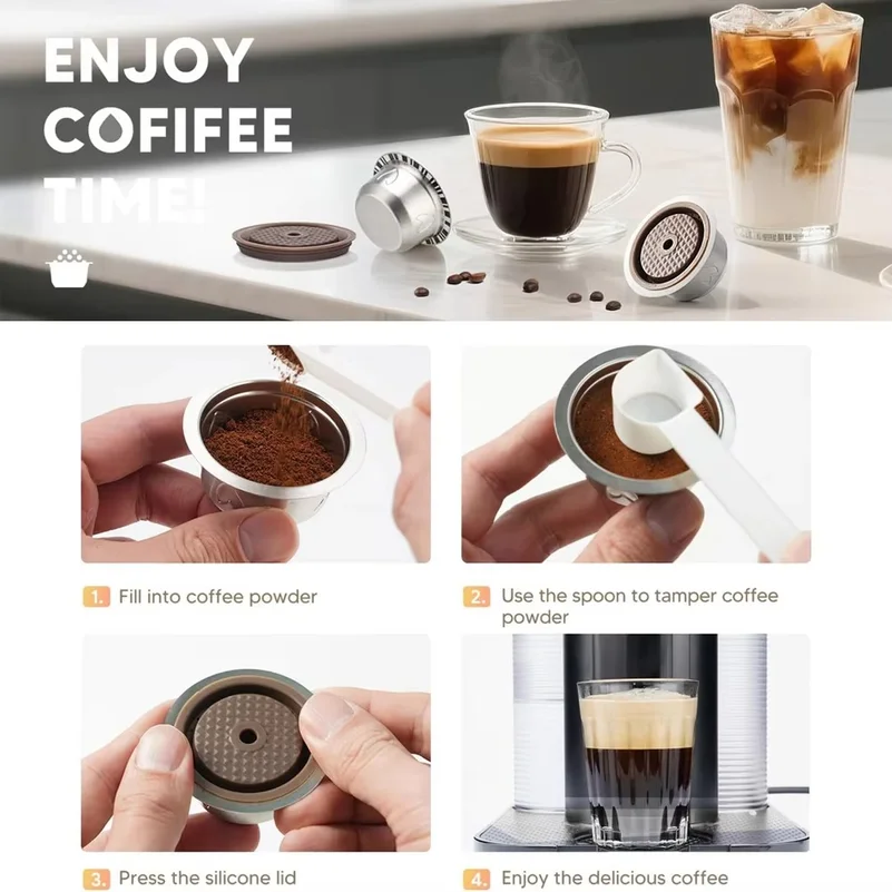 Icafilas coffee capsules silicone lid sstainless steel reused pod For Nespresso Vertuo coffee machines hold 12g powder