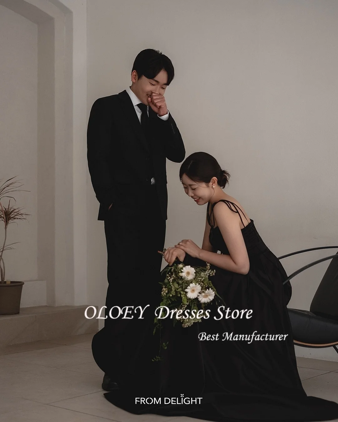 OLOEY Black Korea Wedding Dresses Simple Satin A Line Customized Spaghetti Straps Long Receptions Gowns Photo Shoot 웨딩드레스