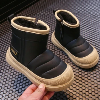 Bottines de neige en coton pour enfants, bottines d'hiver en peluche pour filles, couleur unie, en cuir, antidérapantes, en coton doux, pour l'extérieur