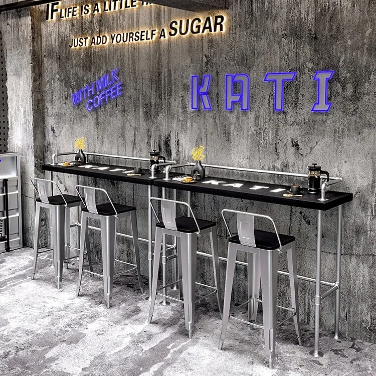 Milk tea shop tables and chairs against the wall narrow long table bar high table balcony simple