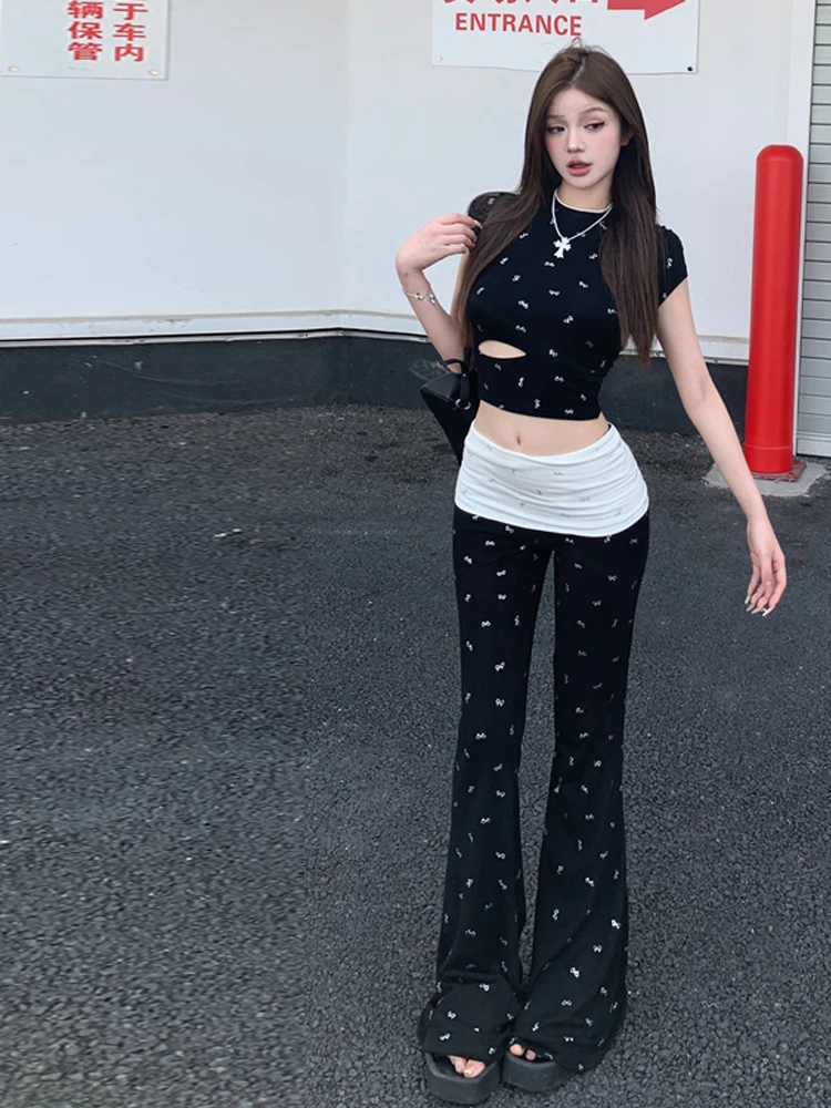 Sexy Sweet And Spicy Short Sleeve Hollow out T-Shirt Top And Straight Leg Floor Length Pants Set for Young Women Summer Fashi...