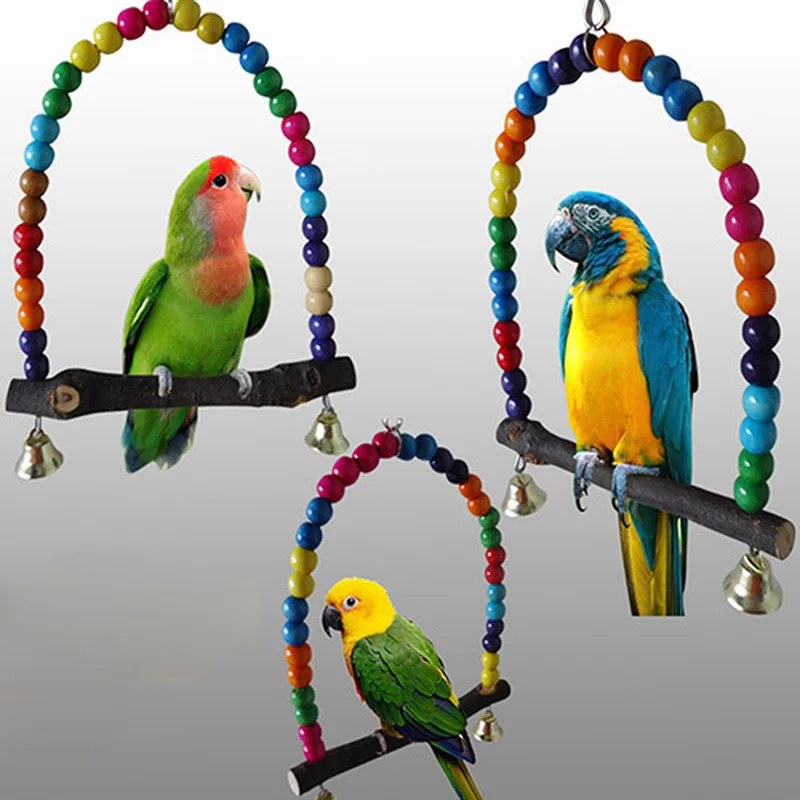 2022 NEW Natural Wooden Parrots Swing Toy Birds Colorful Beads Bird Supplies Bells Toys Perch Hanging Swings Cage for Pets