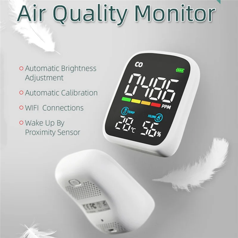Mini CO Detector Plastic PV28 Smart WIFI 3-In-1 Indoor Air Quality Monitor, CO Temperature Humidity Meter Monitor CO Tester