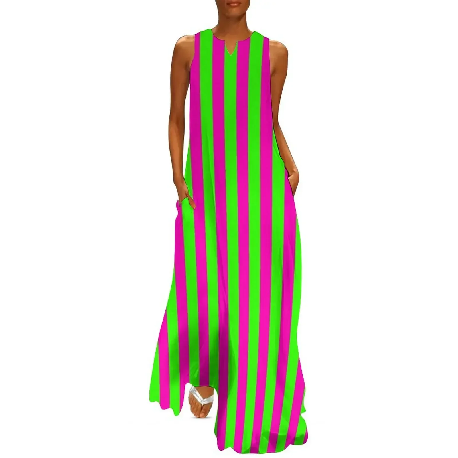 

Neon Green and Pink Vertical Stripes Long Dress Evening dresses Women's skirt womans clothing birthday dress for women Dress