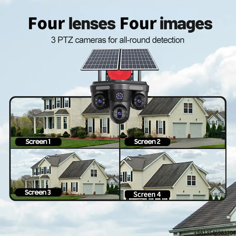 20mp Aov 24h Record Solar Porwered Cctv Camera Four Lens Four Screen Color Night Version Ip66 Wireless Security Camera 4g Sim
