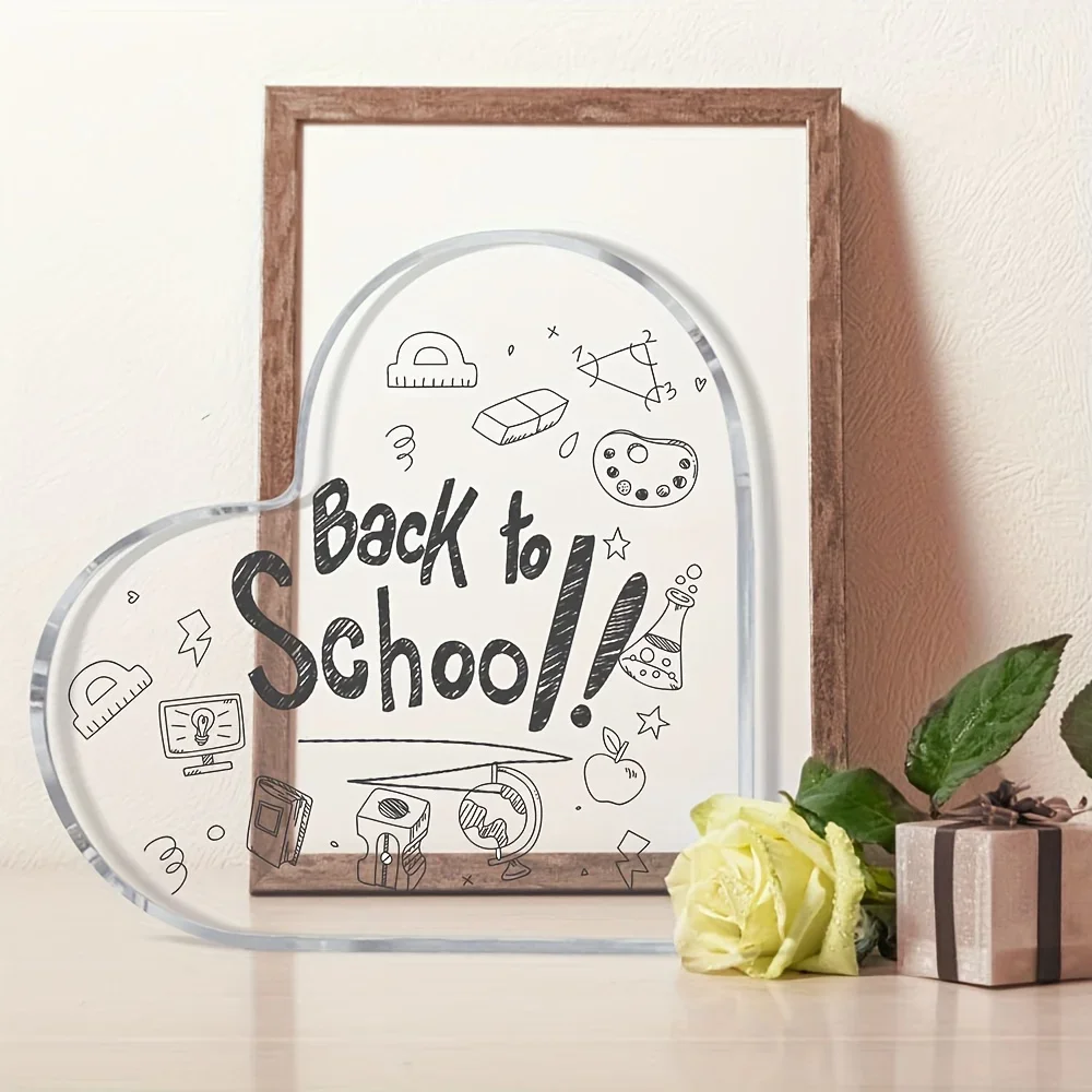 Back To School Heart‑Shaped Acrylic Plaque, Doodle School Supply Desktop Decor