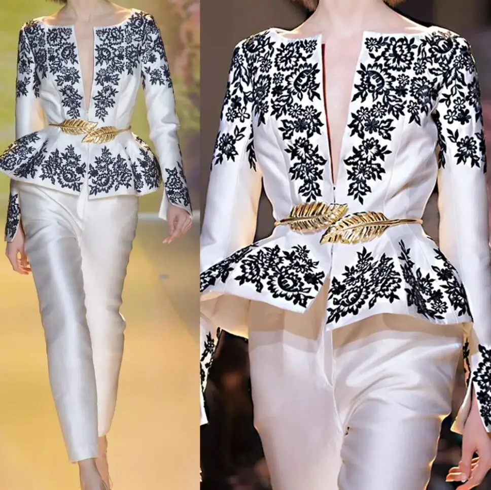 Zwart witte jumpsuit galajurken met peplum lange mouwen kanten appliqué enkellange avondjurk met broekpak op maat