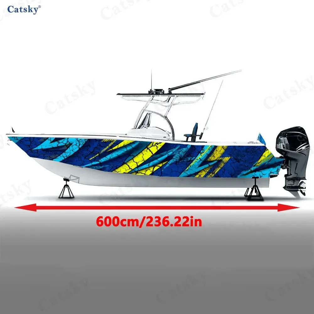 2Pcs Blue & Yellow Cracked Lightning Boat Sticker, PVC Waterproof Vinyl Wrap Decals for Fishing Boat, Durable and Stylish Design