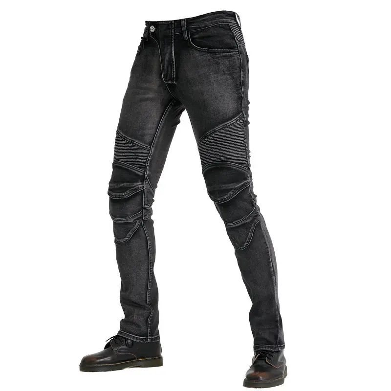Fashion Men Retro Distressed Straight Motorbike Jeans, Stretch Silicone Non-Slip CE Protective Off-Road Anti-Fall Riding Pants
