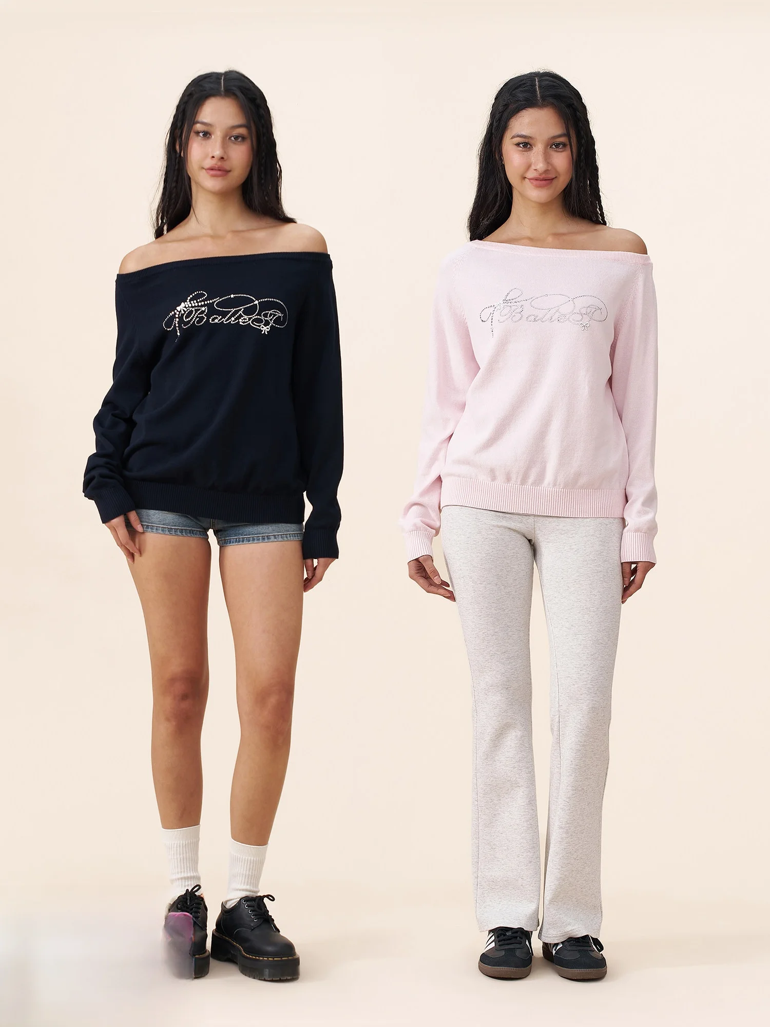 

Loose Shoulder Lazy Top Women's Spring Autumn American Letter Pattern Design Rhinestone One-Shoulder Casual Long Sleeve Shirt