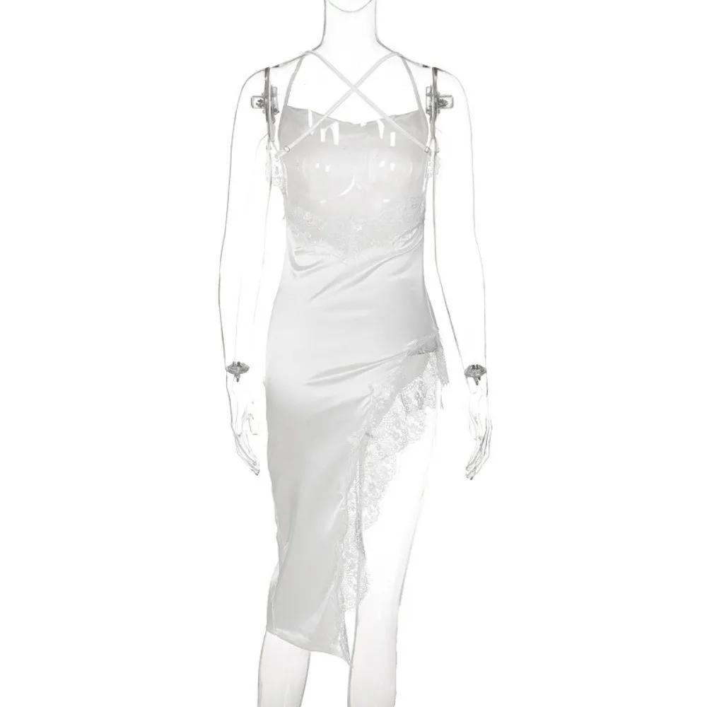 Home Wear Split Women Nightgown V Neck Spaghetti Strap Satin Silk Nightdress Patchwork Beauty-back Lace Pajama Dress Honeymoon