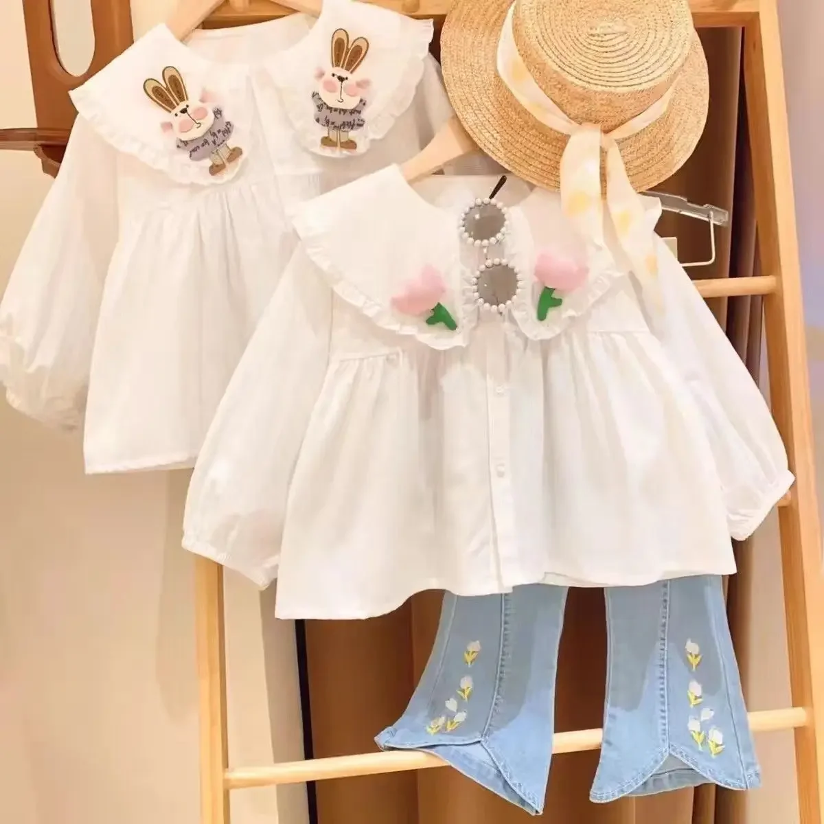 

Fashion Children's Versatile Shirt Western Korean Baby Top Spring and Autumn Girls Shirt Doll Neck Flower Doll Shirt