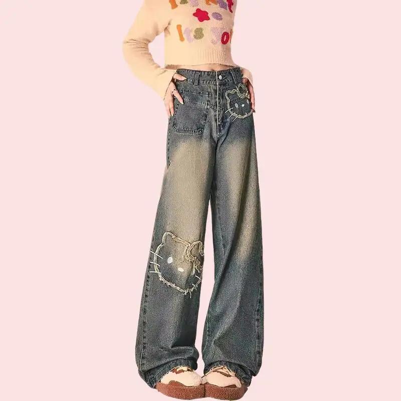 

Hot Y2K Cute Kitten Denim Jeans Women's Wide Leg Floral Print Cartoon Patchwork Pants Streetwear Fashion Casual Denim Trousers