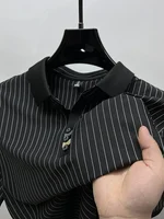 POLO de manga corta a rayas de seda de hielo para hombre, camiseta informal con solapa, top cómodo y fresco, marca de moda, novedad de verano, 2024