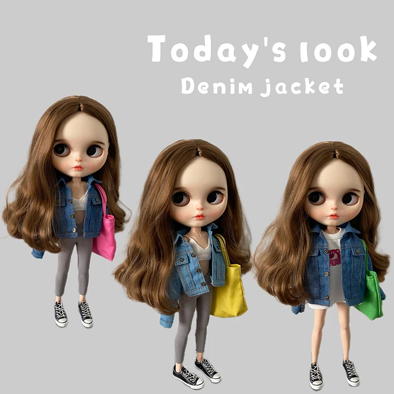 DLBell 1Pcs Blythe Doll Clothes Fashion Denim Jacket and Yoga Pants T-shirt and Sneakers for Blyth Barbie 1/6 Dolls Accessories