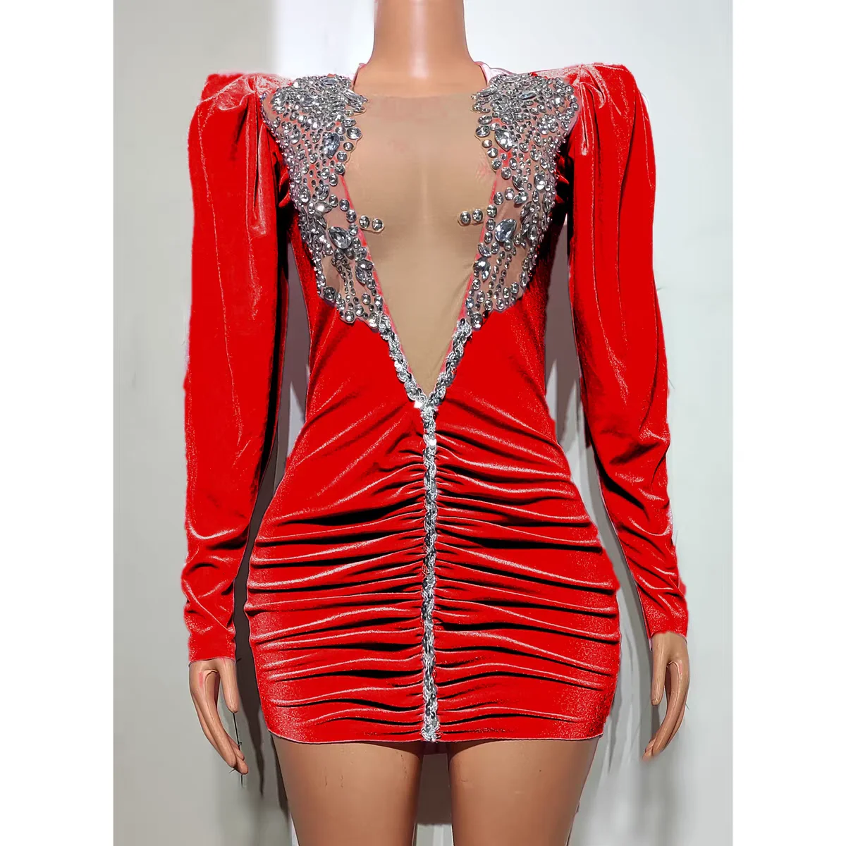 Falda corta de manga larga con tachuelas de diamantes para mujer, traje Sexy para club nocturno, DJ, Bar, cantante, equipo de baile, actuación, fiesta temática