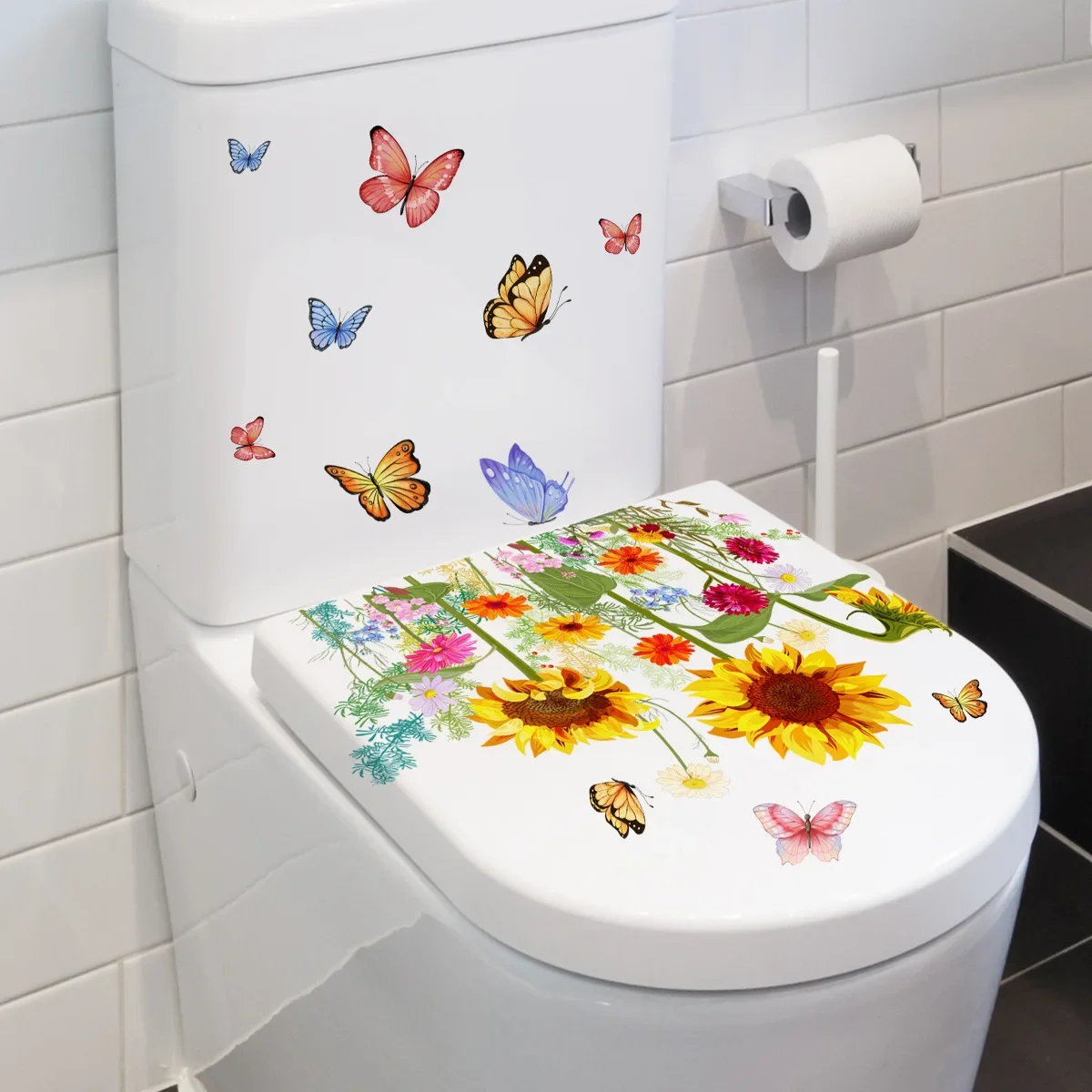 Waterproof Toilet Stickers Butterfly Sunflower Bathroom Wall Sticker Home Decor Toilet Lid Decoration Wall Decals