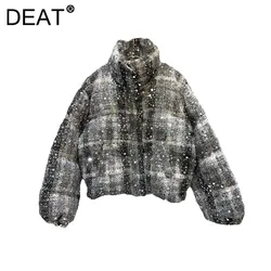 DEAT Women's Coats Stand Collar Tweed Grey Sequins Thick Zipper Warm Cotton-padded Jackets 2024 New Fashion Winter 29L8876