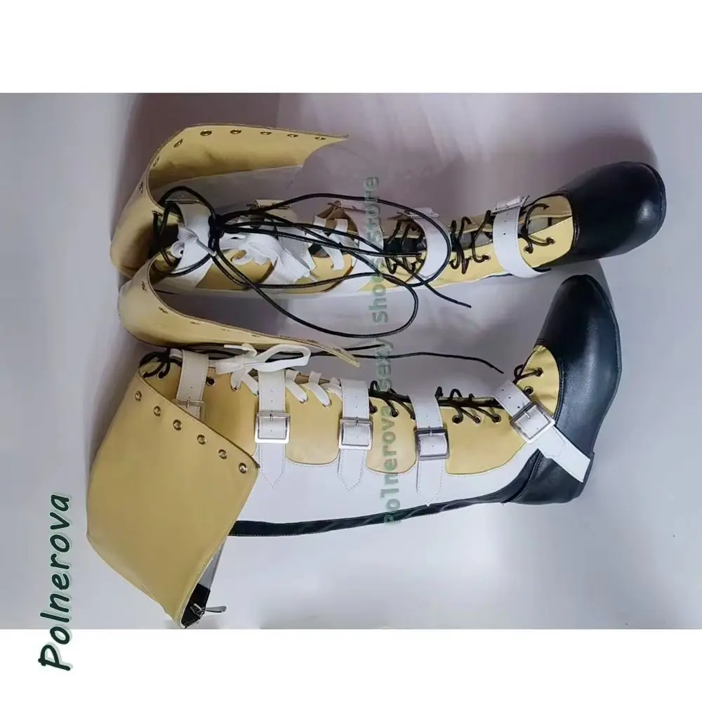 Gürtelschnalle, Kreuzgebunden, Slouch-Stiefel, nach unten gefaltet, modisch, 2025, runde Zehen, flach, mit Schnürung, Ausschnitt, Patchwork, kniehohe Damenstiefel