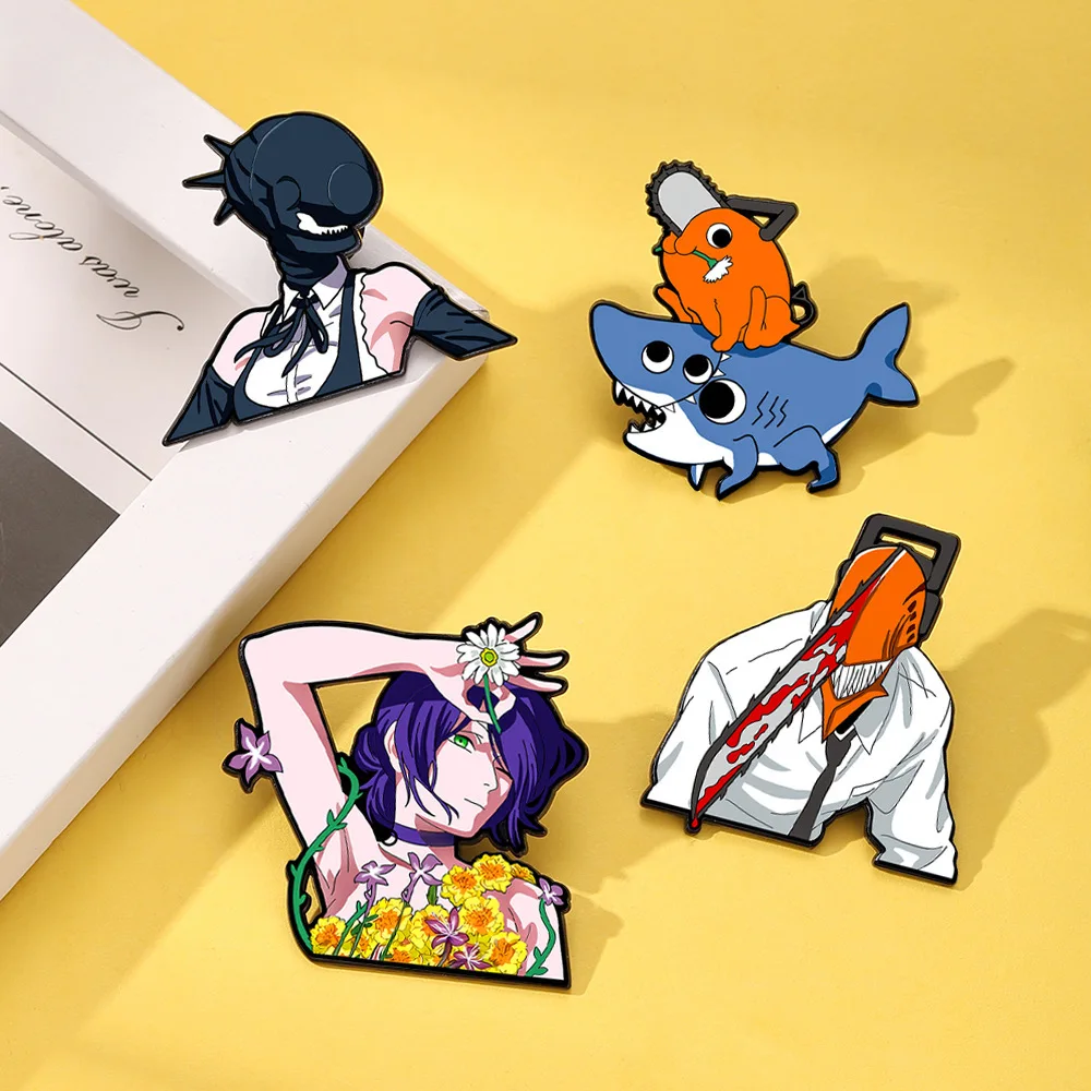 4pcs/set Anime Chainsaw Character Enamel Brooches Animal Pins Flower Monster Girl Shark Suit Men Cartoon Badge Punk Jewelry Gift