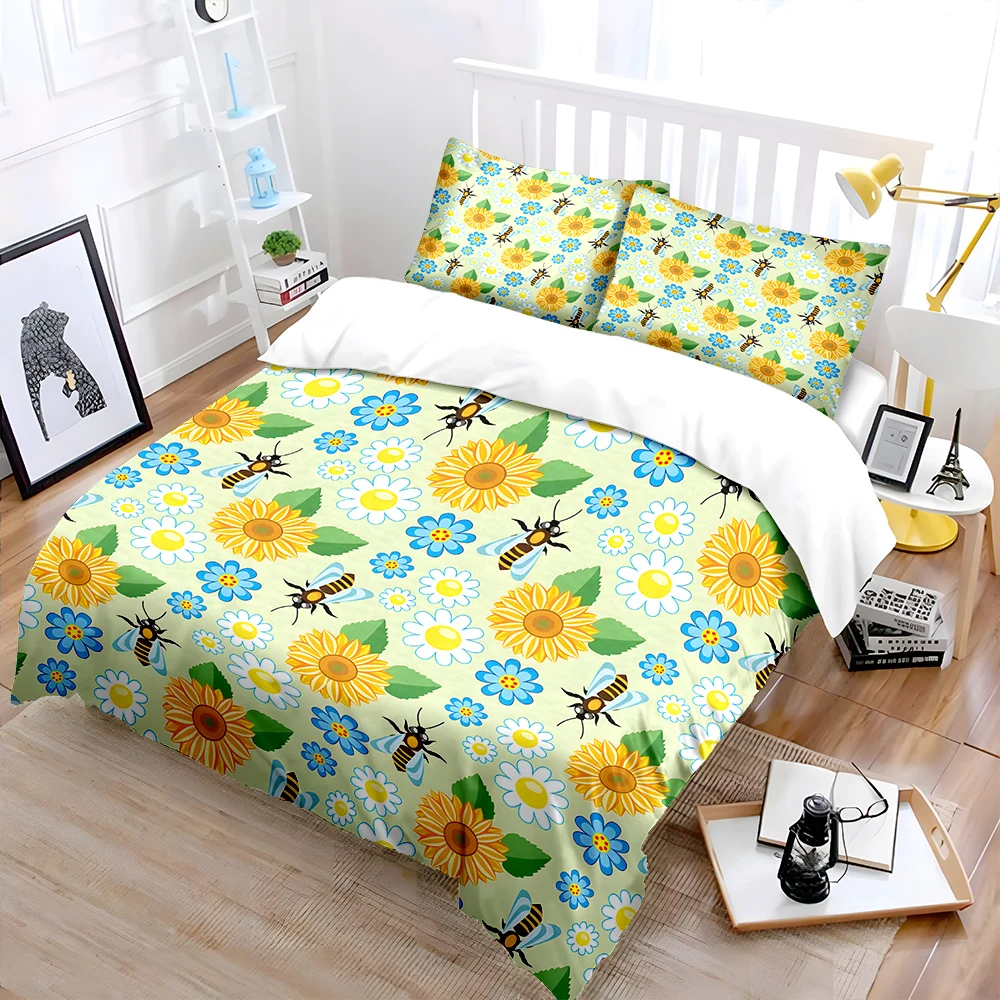 Bees and Floral Pattern Bedding Set for Kids Luxury Gift 3pcs Digital Print Comforter Set Soft Comfortable Breathable