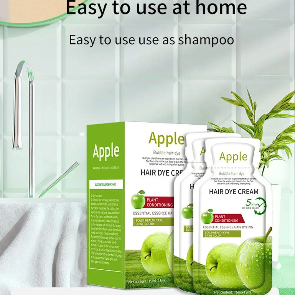 15ml Natural Apple Hair Coloring Black Shampoo,Natural Mild Does Extract Dye Ammonia-free Hair Irritating Fruit Shampoo,Non K2H3
